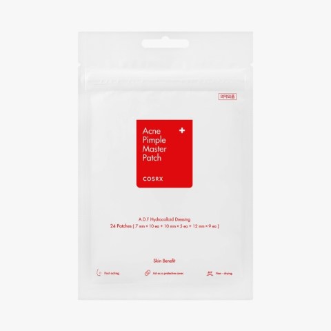 COSRX Acne Pimple Master Patch packaging on a white pouch with a red square label saying 'Acne Pimple Master Patch'