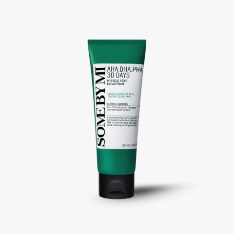 Green and white tube of SOME BY MI AHA BHA PHA 30 Days Miracle Acne Clear Foam with black cap on a white background.