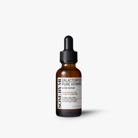 Brown glass dropper bottle of Some By Mi Galactomyces Pure Vitamin C Glow Serum on a white background with a white label and black dropper cap
