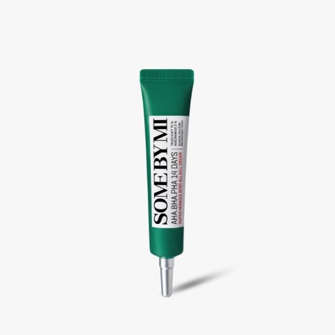 Green squeeze tube of Some By Mi skincare cream with a white label, standing upright against a white background.