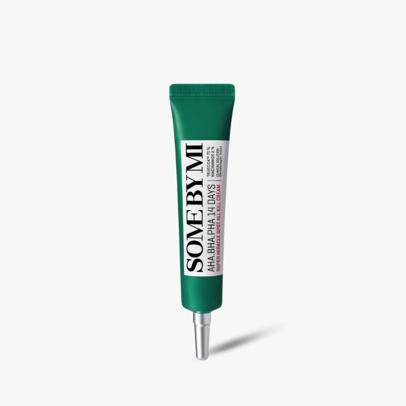 Green squeeze tube of Some By Mi skincare cream with a white label, standing upright against a white background.