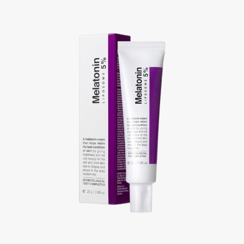 Box and tube of Melatonin Liposomes 5% cream with white and purple packaging, shown against a light background.