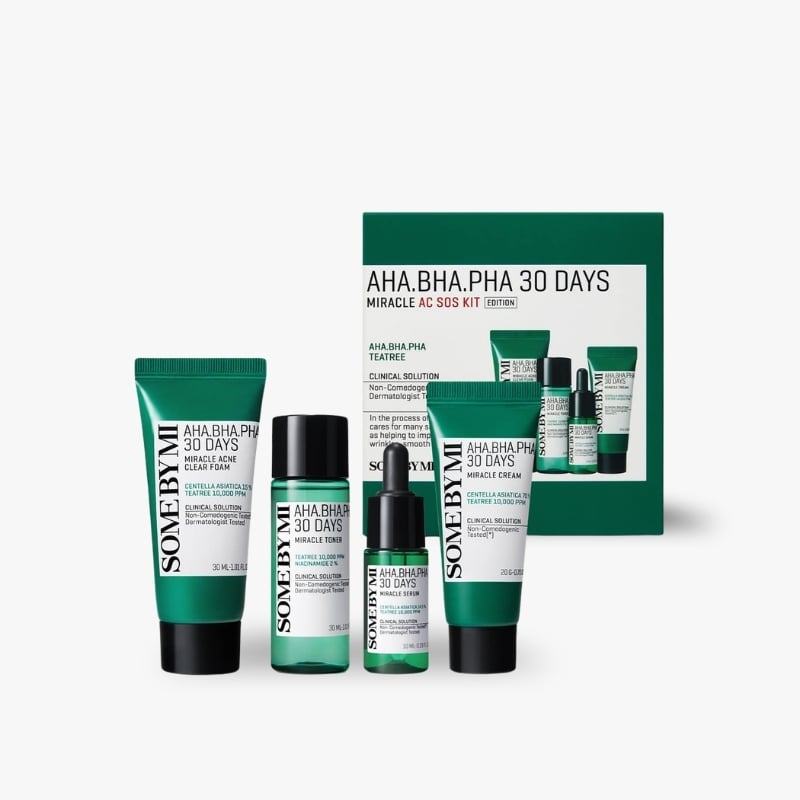 Green 'AHA BHA PHA 30 DAYS' skincare kit with tubes and bottles arranged in front.