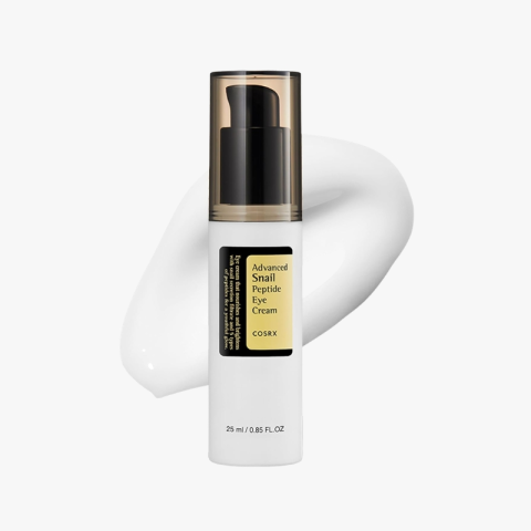 CosRX Advanced Snail Peptide Eye Cream bottle with beige pump, displayed against a white smear of cream.
