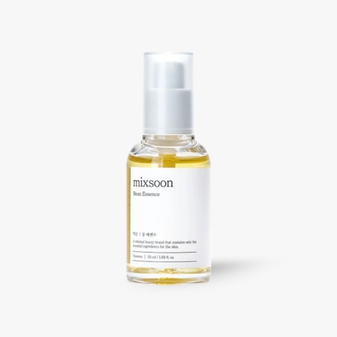 Glass bottle of Mixsoon Bean Essence serum with pump top and white label.