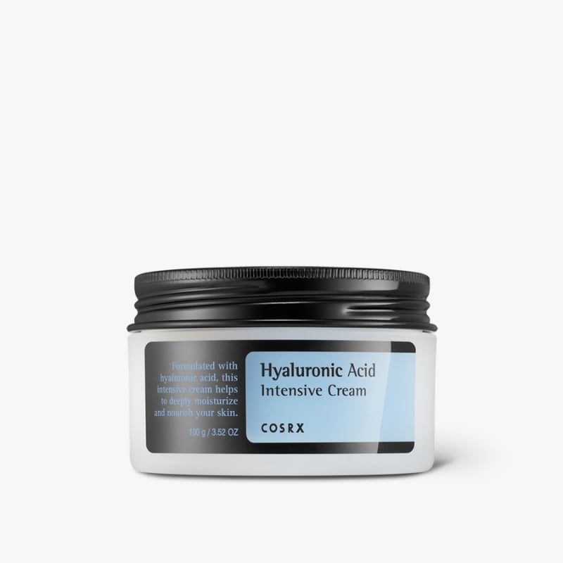 Cosrx Hyaluronic Acid Intensive Cream jar with black lid and blue label.
