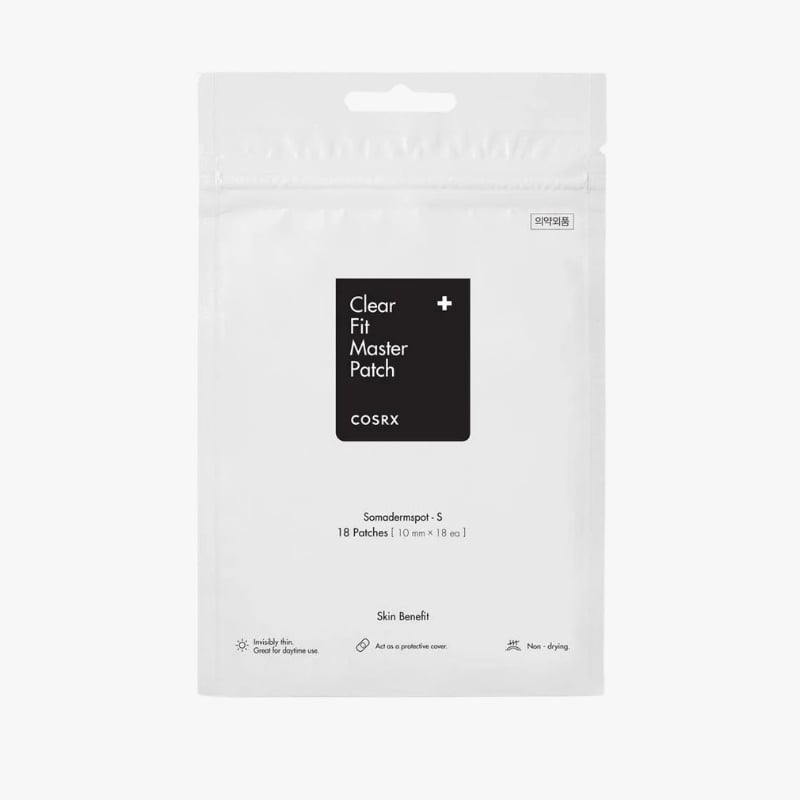 Front of a white cosmetic patch pouch labeled 'COSRX Clear Fit Master Patch' with a black square logo, indicating 18 patches inside (10 mm each).