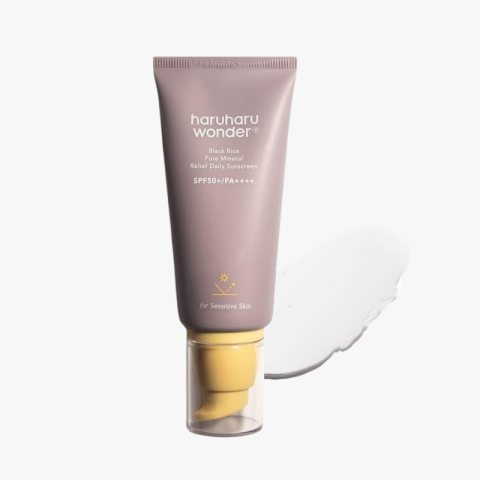 Haruharu Wonder Black Rice mineral sunscreen tube with SPF50+ PA++++ for sensitive skin, shown with a yellow pump