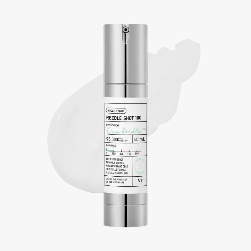 Metallic silver pump bottle of Reedle Shot 100 facial serum with a clinical label on a white background.