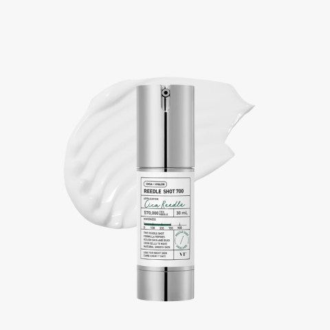 Silver pump bottle of Reedle Shot 700 skincare product beside a white cream swatch on a plain background.