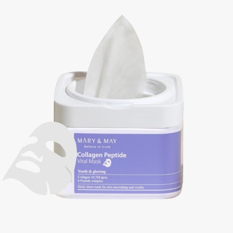 Container of Mary & May Collagen Peptide Vital Mask with a sheet mask lifted from the jar’s opening, white and purple packaging visible.