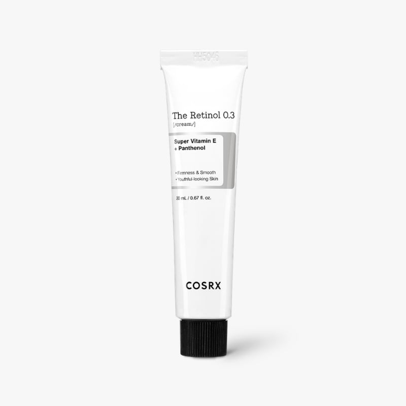 Cosrx The Retinol 0.3 tube with black cap, white packaging, minimalist label showing 'Super Vitamin E + Panthenol'