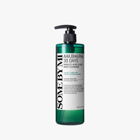 Green pump bottle of Solaway 30 DAYS Miracle Acne Clear Body Cleanser with white label and black vertical text.