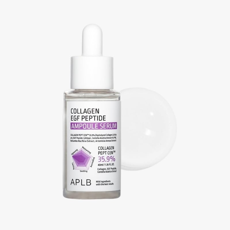 Glass dropper bottle of Collagen EGF Peptide Ampoule Serum with a white label and purple accent on a plain background
