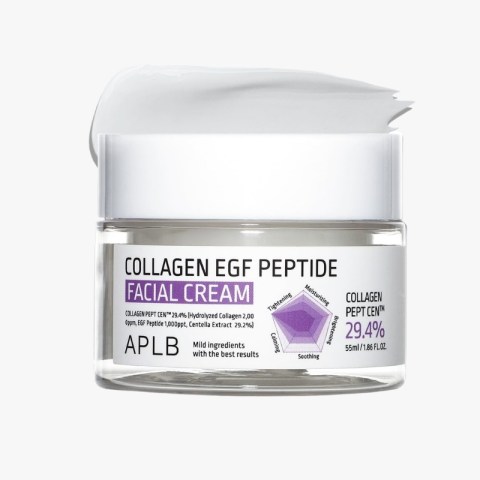 Jar of Collagen EGF Peptide Facial Cream with white lid and purple-accent label reading 'Facial Cream'