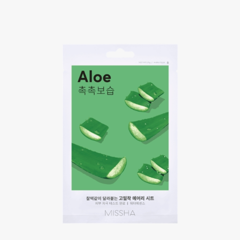 Aloe facial mask sheet packaging with green aloe illustrations and MISSHA branding at the bottom, Korean text on the left