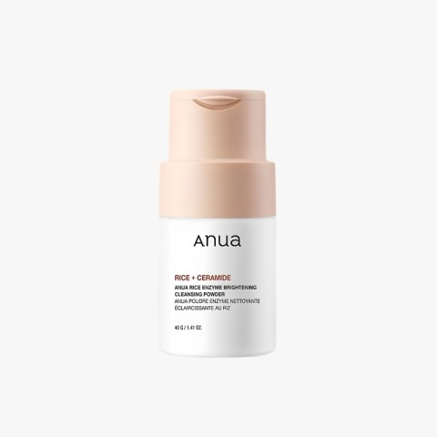 Anua Rice + Ceramide cleansing powder bottle with a pale pink pump lid