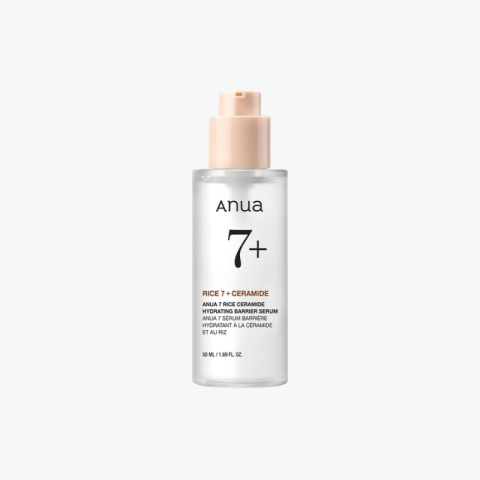 Bottle of Anua 7+ Rice Ceramide Hydrating Barrier Serum with a peach pump top (50 ml).