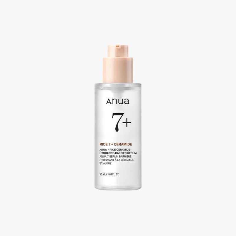Bottle of Anua 7+ Rice Ceramide Hydrating Barrier Serum with a peach pump top (50 ml).