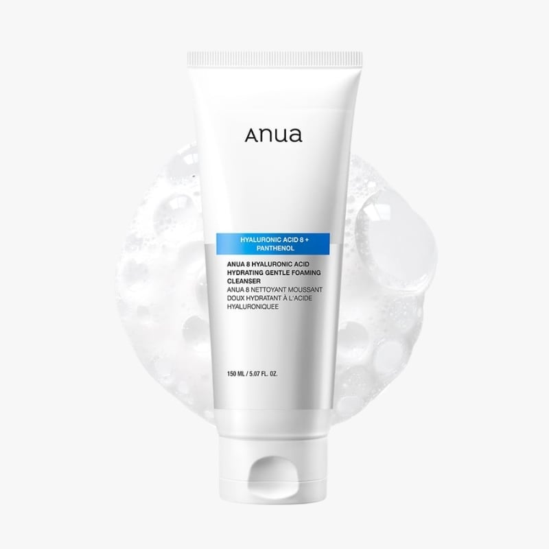 White tube of ANUA Hydrating Foaming Cleanser with blue label, set against a pale background with circular water motif