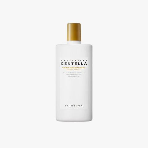 White sunscreen bottle with a gold cap, labeled Madagascar Centella Air-Fit Sunscreen Plus SPF50 PA++++