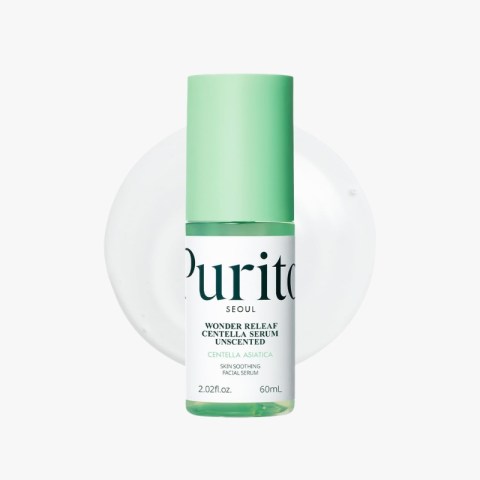 Purito Wonder Relief Centella Serum bottle with green cap against a white background (60 ml)