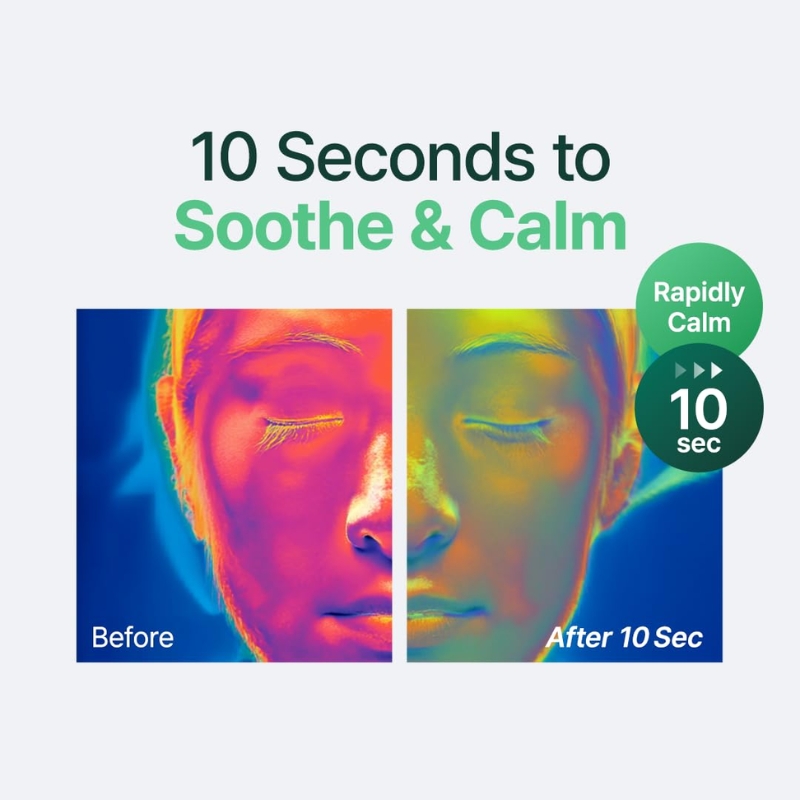 Marketing graphic titled '10 Seconds to Soothe & Calm' showing before and after faces in colorful thermal tones, left labeled 'Before' and right 'After 10 Sec'.