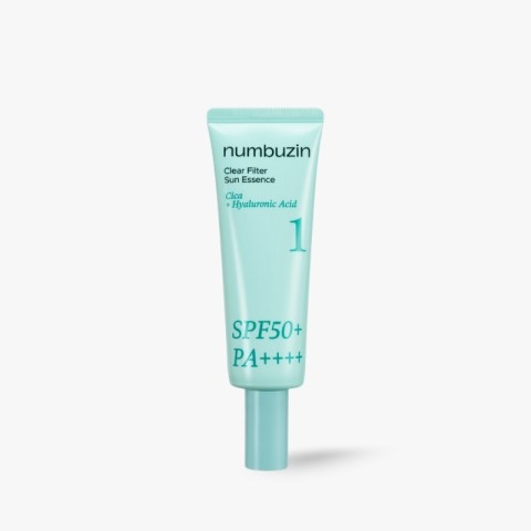 Sunscreen tube labeled numbuzin Clear Filter Sun Essence with SPF50+ PA++++ and Cica + Hyaluronic Acid (mint green bottle)