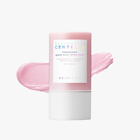 Pink tube of Centella quick clay stick mask with a pink smear behind it for context
