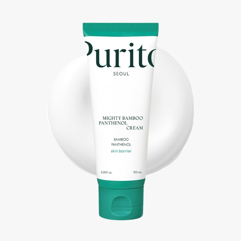Tube of Purito Mighty Bamboo Panthenol Cream with a teal cap, displayed against a white circular backdrop.