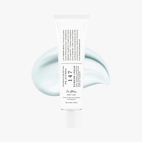 White skincare tube labeled 'Dr. Althea Pro Lab' with 'Barrier Cream' text and numbers, standing upright with a pale blue cream swirl in the background.