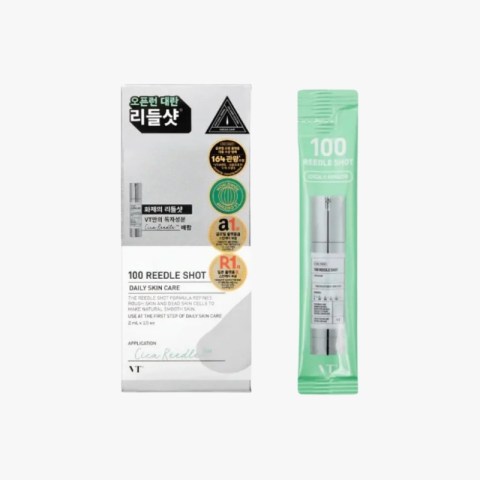 Korean skincare product box and a mint-green serum sachet labeled '100' for daily skin care.
