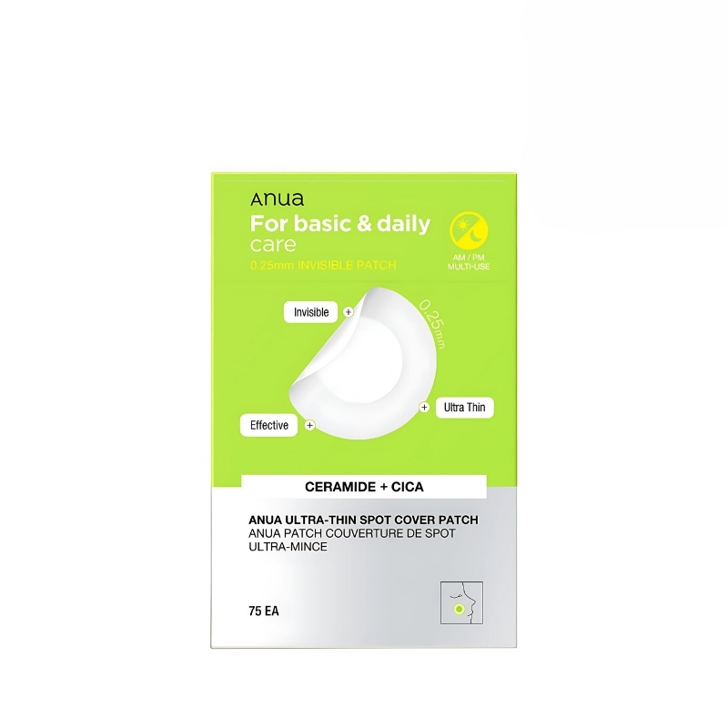 Anua Ultra-Thin Spot Cover Patch 75ea Hide and heal blemishes with this seamless acne patch! Once applied, the patch protects wounds from bacteria while absorbing excess sebum and fluid. It also contains ceramide NP and centella extract to strengthen the skin barrier and calm irritation. Contains 75 patches.