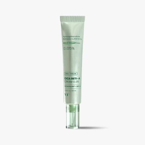 Tube of CICA RETI-A Cream 0.05% (Hydroxyquinolone/Retinoate) standing upright on a white background, skincare product accessory visible in cap area.
