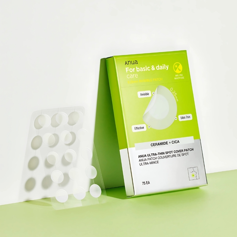 Anua Ultra-Thin Spot Cover Patch 75ea Hide and heal blemishes with this seamless acne patch! Once applied, the patch protects wounds from bacteria while absorbing excess sebum and fluid. It also contains ceramide NP and centella extract to strengthen the skin barrier and calm irritation. Contains 75 patches.