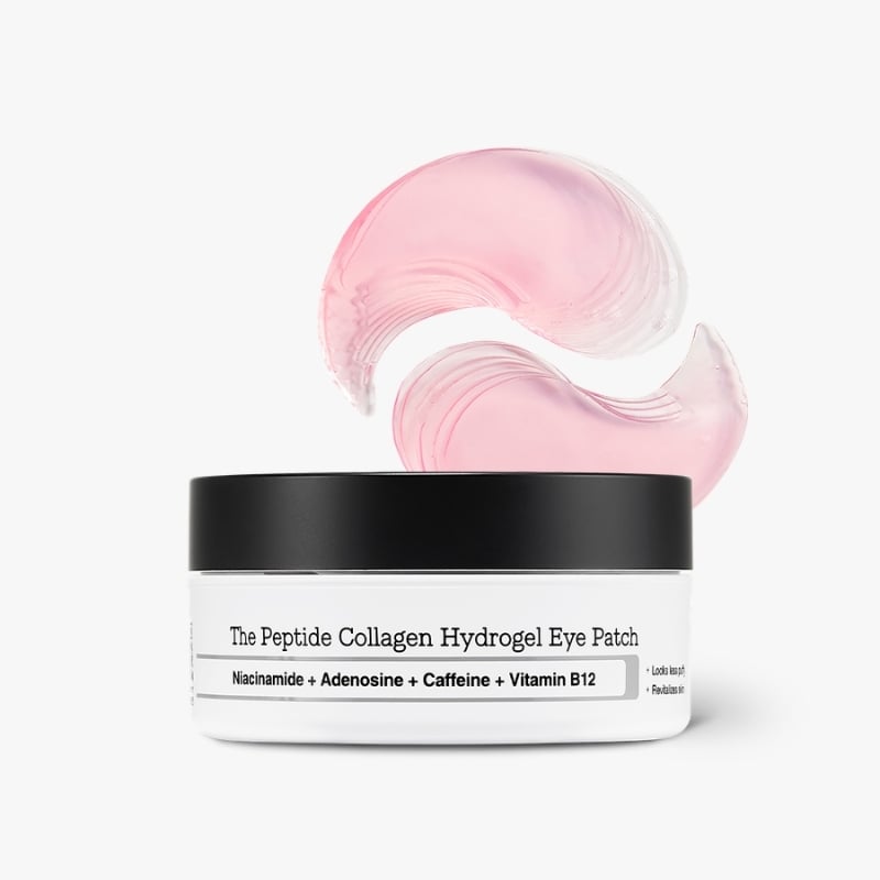 Jar of The Peptide Collagen Hydrogel Eye Patch with pink gel swirls above.