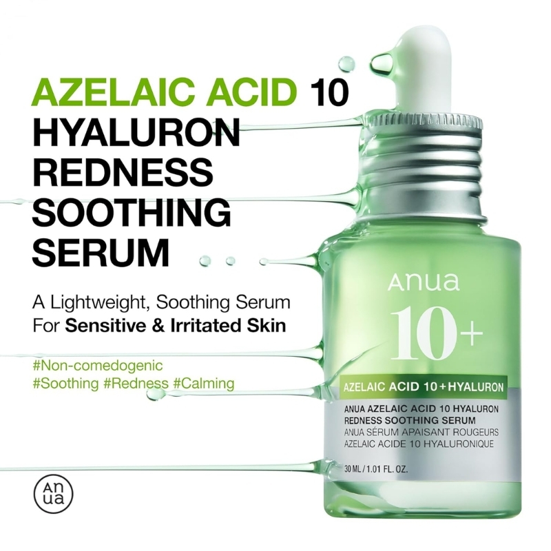 Anua Azelaic Acid 10 Hyaluron Redness Soothing Serum is a lightweight serum formulated with soothing & hydrating ingredients, suitable for sensitive skin, helps improves redness and troubled areas