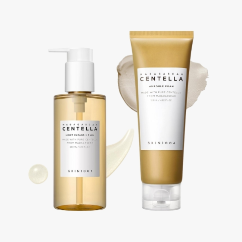 SKIN1004 Madagascar Centella Light Cleansing Oil in a clear pump bottle paired with Madagascar Centella Ampoule Foam in a gold tube.