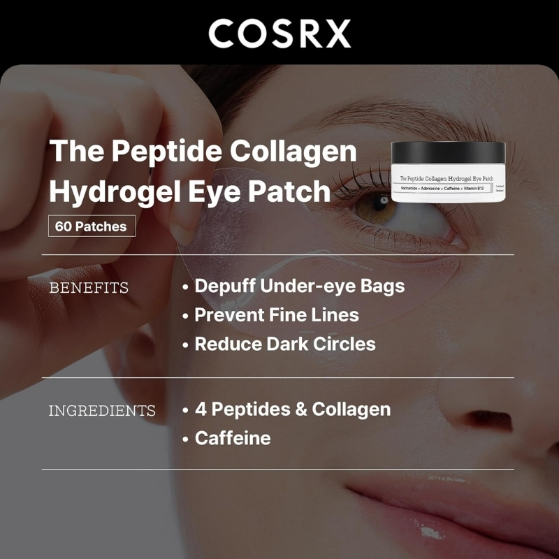 COSRX Peptide Collagen Hydrogel Eye Patch, 60 Patches, Under Eye Patches for Puffy Eyes and Dark Circles with Caffeine, Korean Skin Care