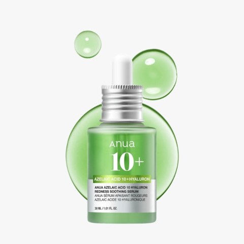 Green bottle of Anua 10+ Azelaic Acid 10+ Hyaluronic serum with dropper, set against abstract green circles; skincare product focus (informative).