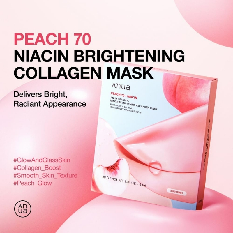 ANUA Peach 70 Niacin Brightening Collagen Mask, Overnight Face Mask for Glass Skin, Niacinamide, Collagen Facial Mask, Glow up with Hydration, Natural Color, Korean Skin Care