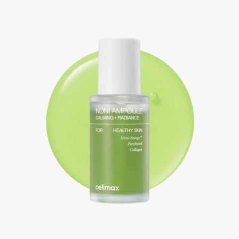 Green Celimax Noni Ampoule serum bottle with white cap against a lime circular backdrop