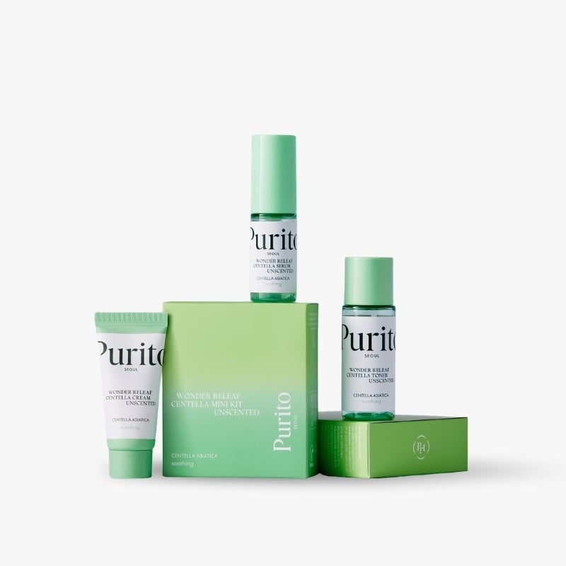 Purito Centella skincare mini kit with green packaging arranged on a white background (Unscented)