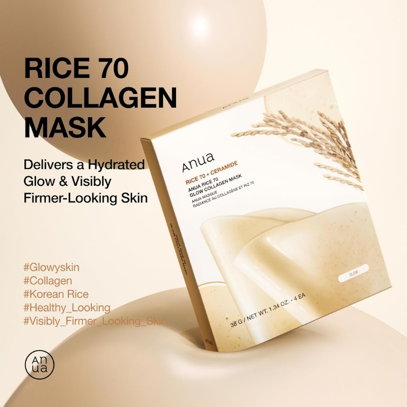 ANUA Rice 70 Glow Collagen Mask, Overnight Face Mask for Glass Skin, Ceramide, Collagen Facial Mask, Skin Moisture Barrier, Tightening Care, Natural Color, Korean Skin Care