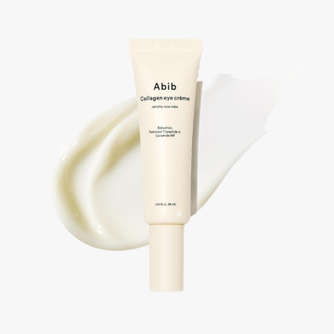 Tube of Abib Collagen Eye Crème with a pale cream smear behind it, a skincare product for eyes on a white background.