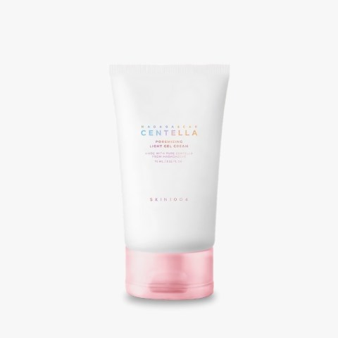 Tube of Centella skincare gel cream with pink cap, labeled Madagascar Centella, pore-minimizing formula.