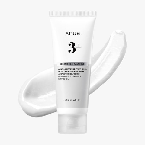Tube of Anua 3+ Ceramide Panthenol Moisture Barrier Cream with a white cream swipe in the background.