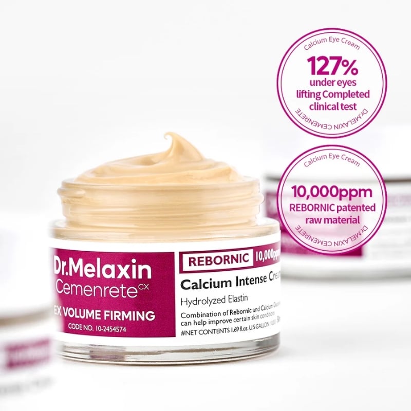 Dr Melaxin Cemenrete Calcium Intense Cream Use of skin calcium REBORNIC patented raw material - Up to 127% improvement in the volume of sunken areas under the eyes Completed clinical test - 30ml large capacity, can be generously applied to the entire area around the eyes and under the eyes