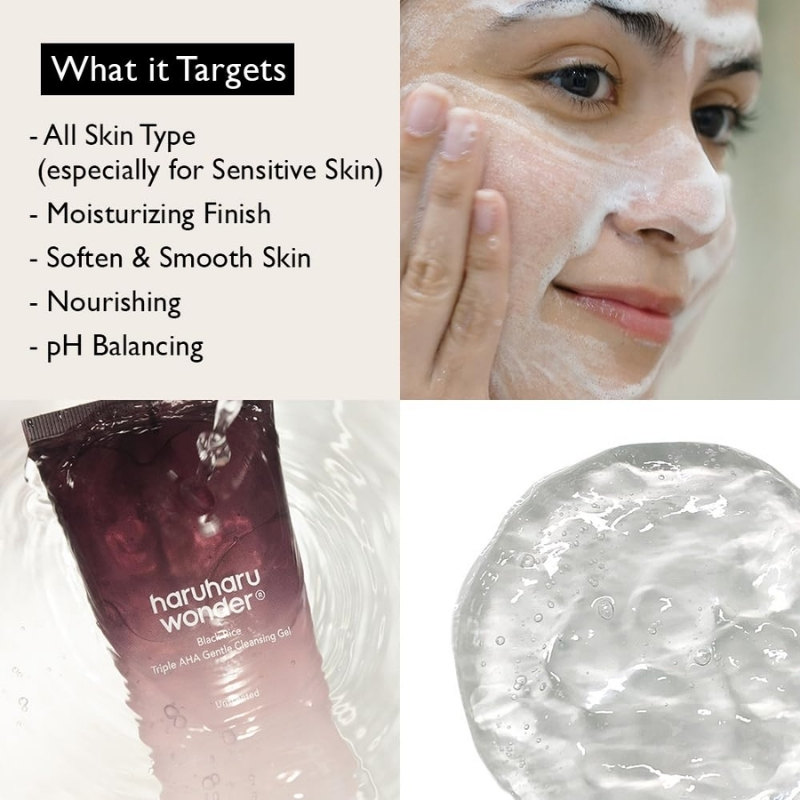 HARUHARU wonder Black Rice Triple AHA Gentle Cleansing Gel 3.38 fl oz, Hydrating Cleansing gel, Gentle exfoliating, Vegan