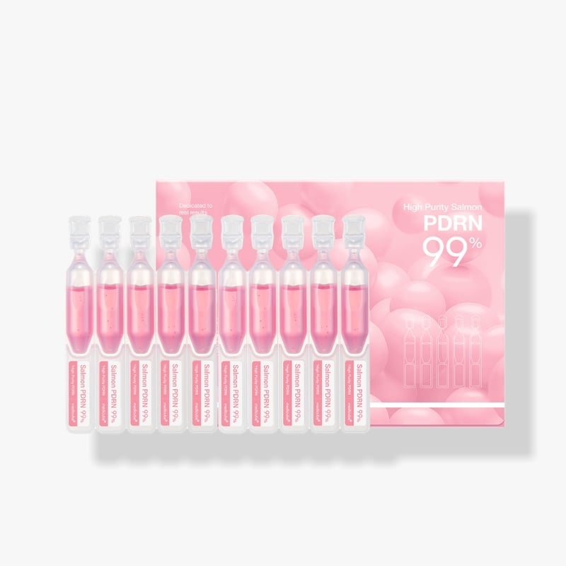 Row of pink liquid ampoules in clear bottles arranged in front of a pink promotional box labeled 'High Purity Salmon PDRN 99%'
